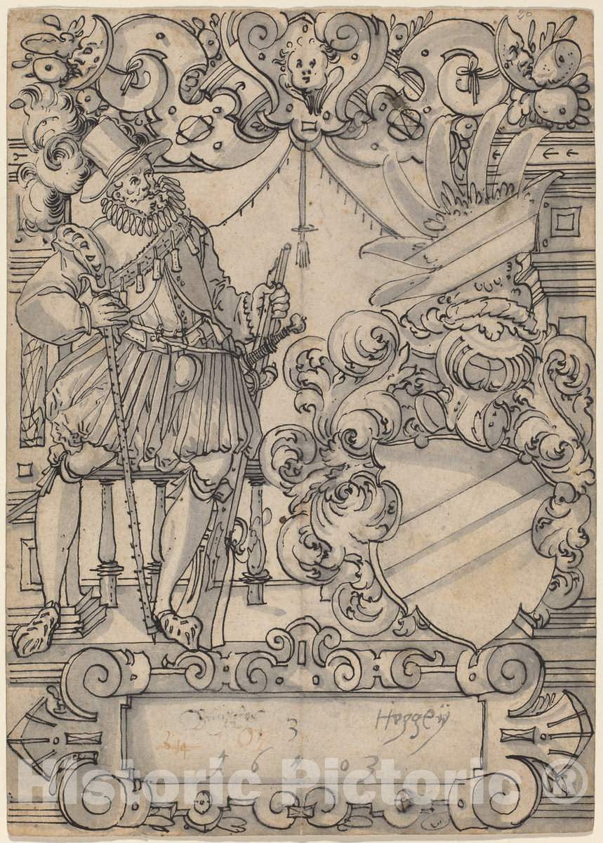 Art Print : Hans Jegli II, A Donor with a Coat of Arms (Schildbegleiter und Wappenschild mit SchrÃ¤gbalken), 1603 - Vintage Wall Art