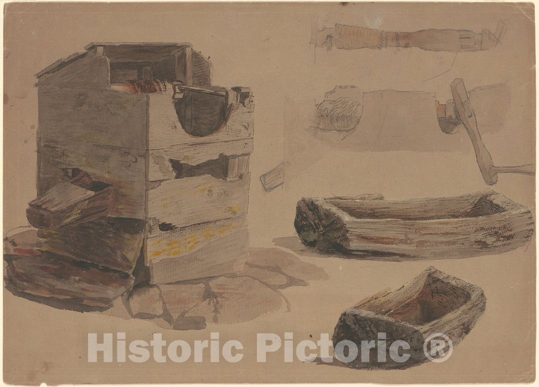 Art Print : Enoch Wood Perry, Studies of a Well and Wooden Trough, c. 1870-1900 - Vintage Wall Art