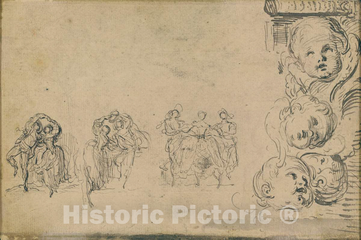 Art Print : Gabriel Jacques de Saint-Aubin, Sketches of Dancers and Heads of Putti, 1748 - Vintage Wall Art