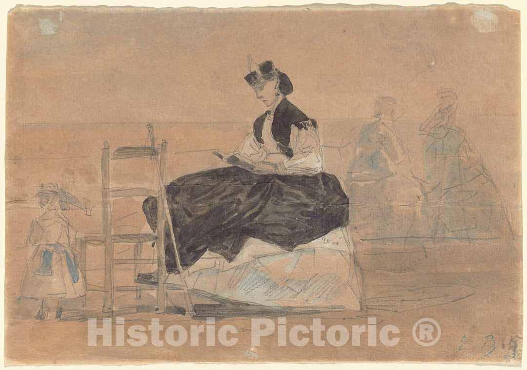 Art Print : EugÃ¨ne Boudin, Woman in a Crinoline on The Beach of Trouville, c. 1865 - Vintage Wall Art