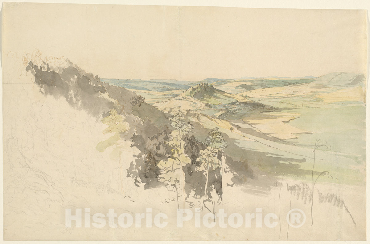 Art Print : Carl Wagner, Hilly Landscape with Landsberg Castle, c.1833 - Vintage Wall Art