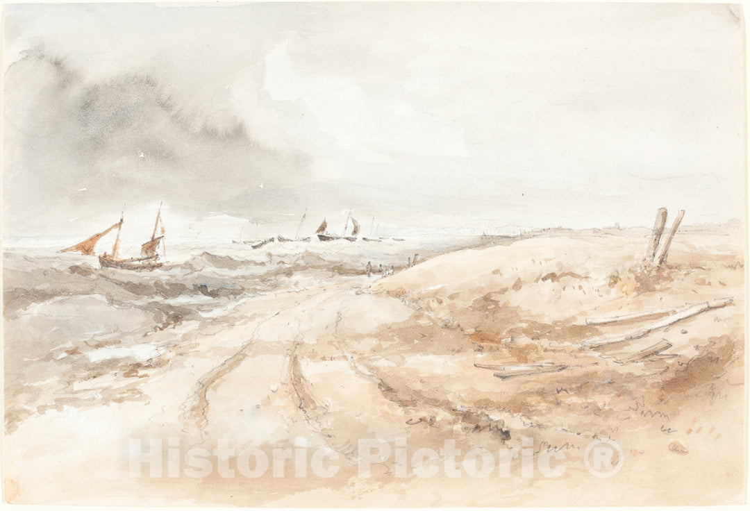 Art Print : Shore Scene with Boats in Choppy Water, First Half 19th Century - Vintage Wall Art