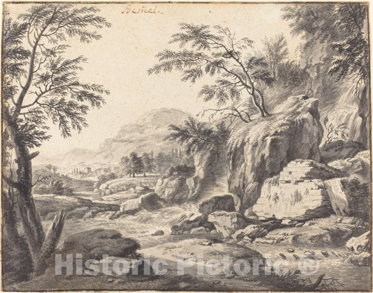 Art Print : Bemmel, Classical Landscape with a Waterfall, c. 1660 - Vintage Wall Art