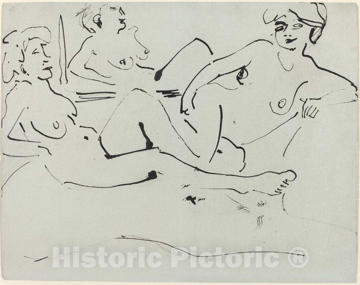 Art Print : Ernst Ludwig Kirchner, Dodo and an Older Woman Reclining Before a Mirror, 1909 - Vintage Wall Art