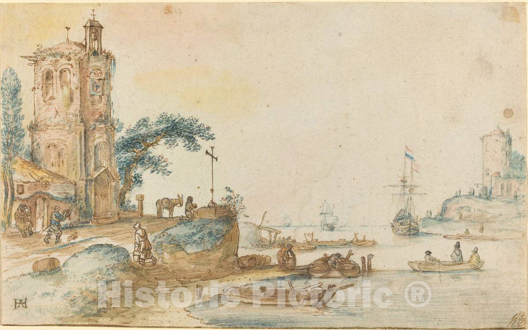 Art Print : Hendrick Avercamp, Scene with a Tower to The Left, c. 1620 - Vintage Wall Art