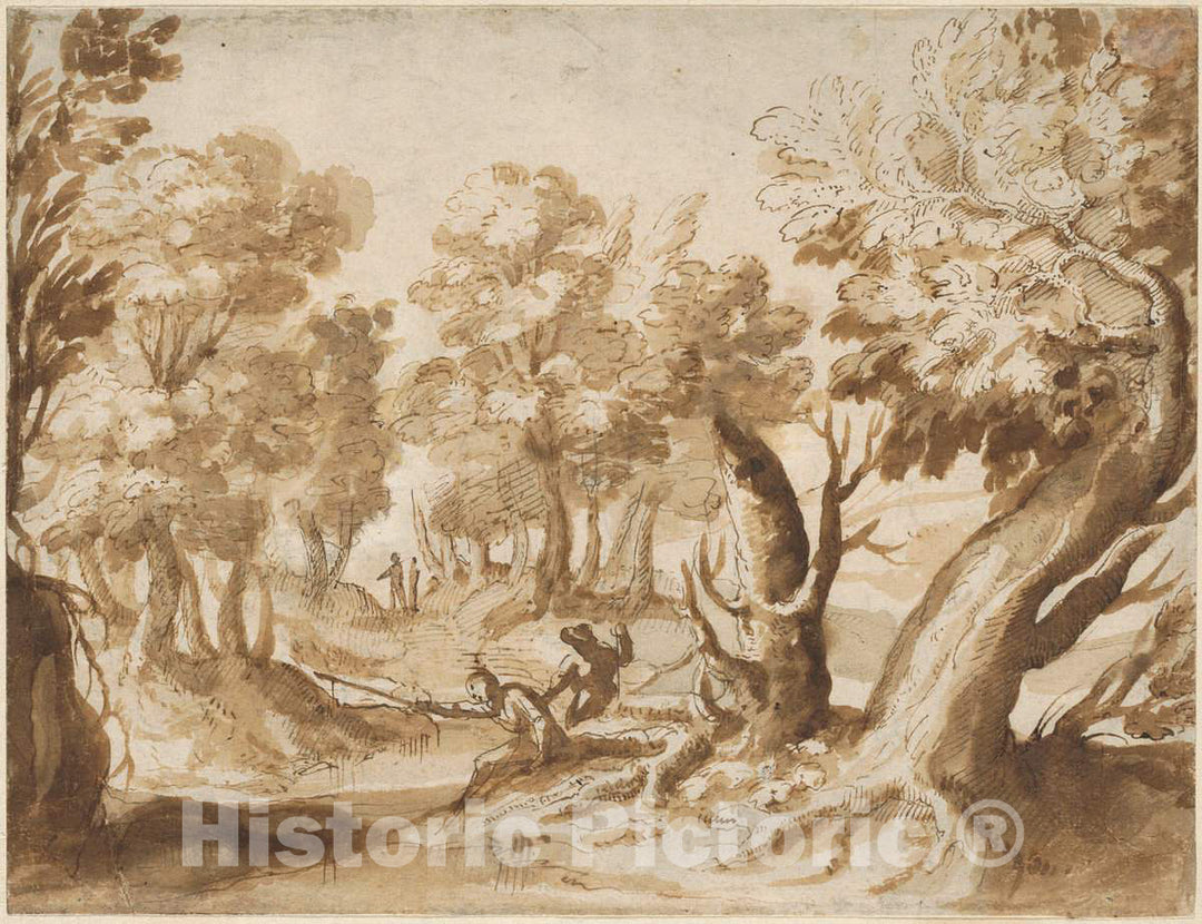 Art Print : Francesco Allegrini, Two Figures Fishing in a Landscape - Vintage Wall Art