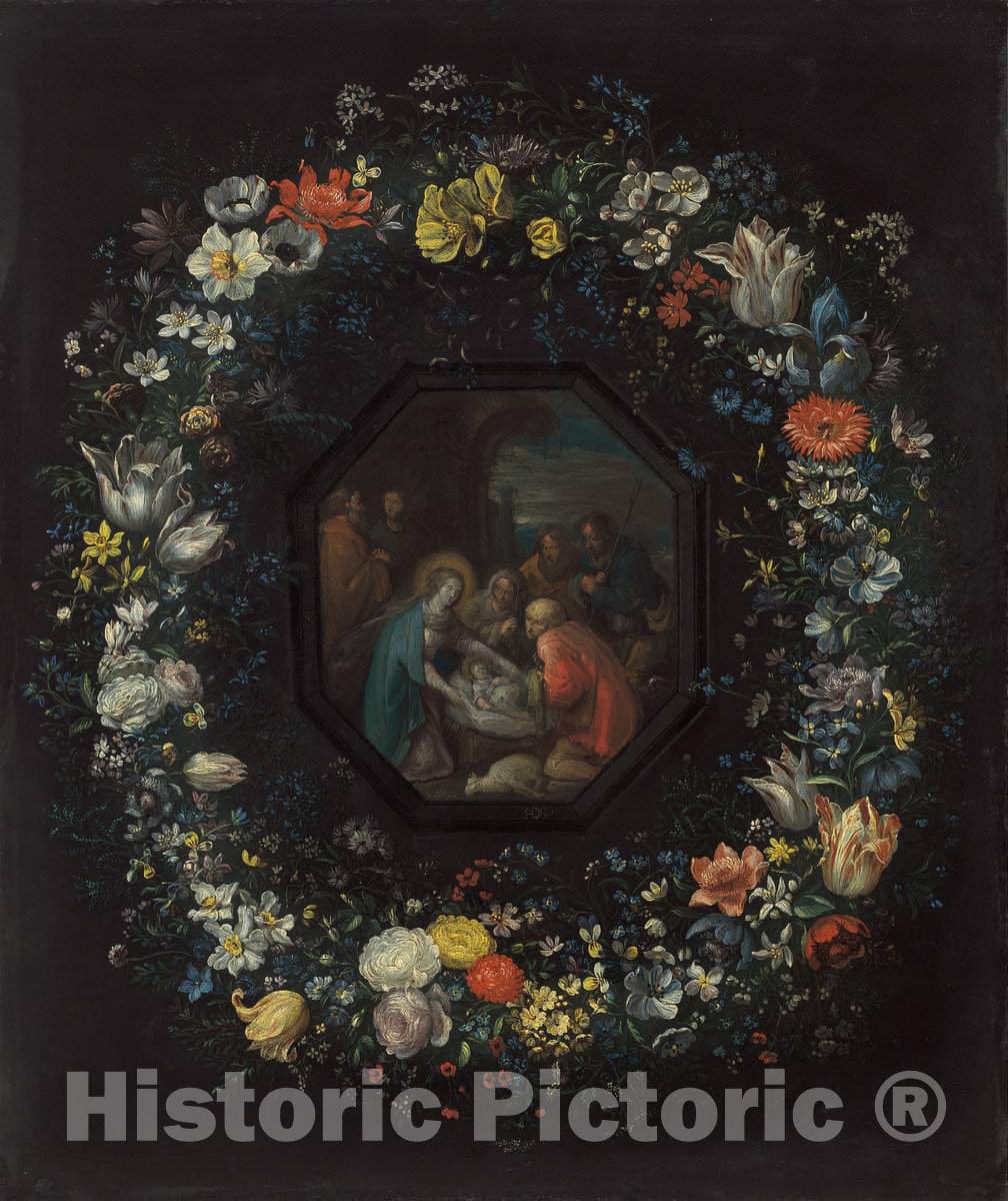 Art Print : Francken The Younger, Garland of Flowers with Adoration of The Shepherds, c.1628 - Vintage Wall Art