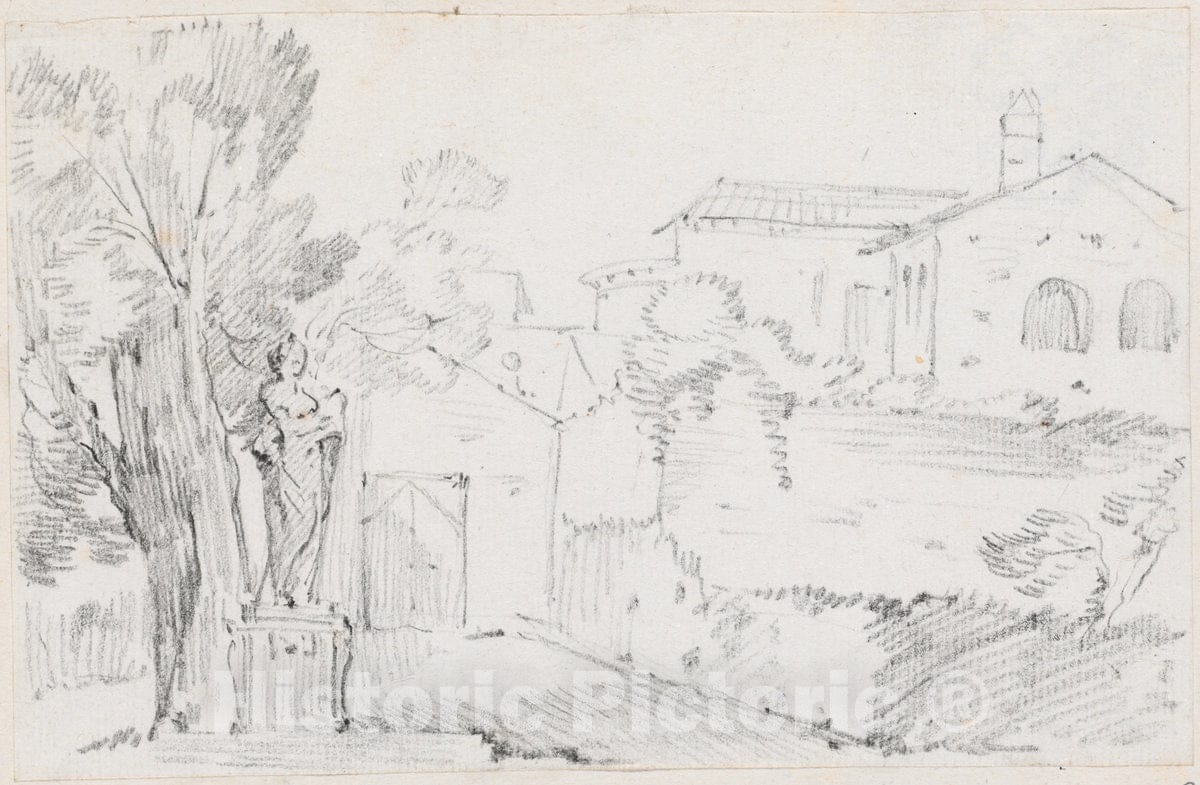 Art Print : Joseph-Marie Vien, Corner of an Italian Garden with a Church Beyond, c.1747 - Vintage Wall Art