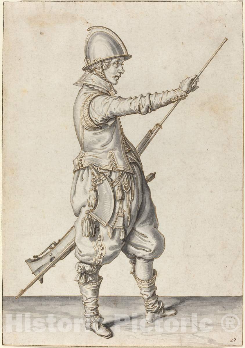 Art Print : Jacques de Gheyn II, Elegantly Dressed Soldier Tamping His Caliver, c. 1597 - Vintage Wall Art