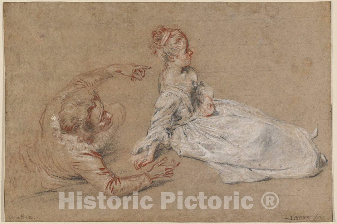 Art Print : Antoine Watteau, A Man Reclining and a Woman Seated on The Ground, c. 1716 - Vintage Wall Art