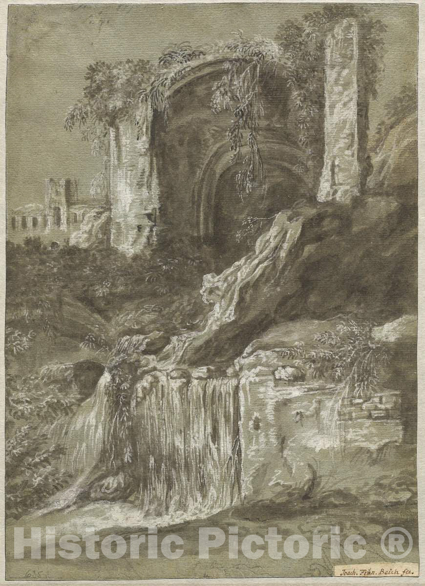 Art Print : Joachim Franz Beich, A Waterfall with Ruins (Verso), c.1709 - Vintage Wall Art