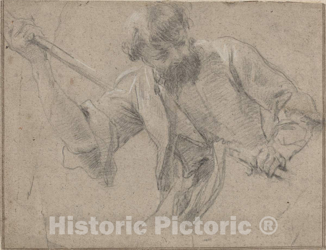 Art Print : Simon Vouet, A Bearded Man with a Staff - Vintage Wall Art