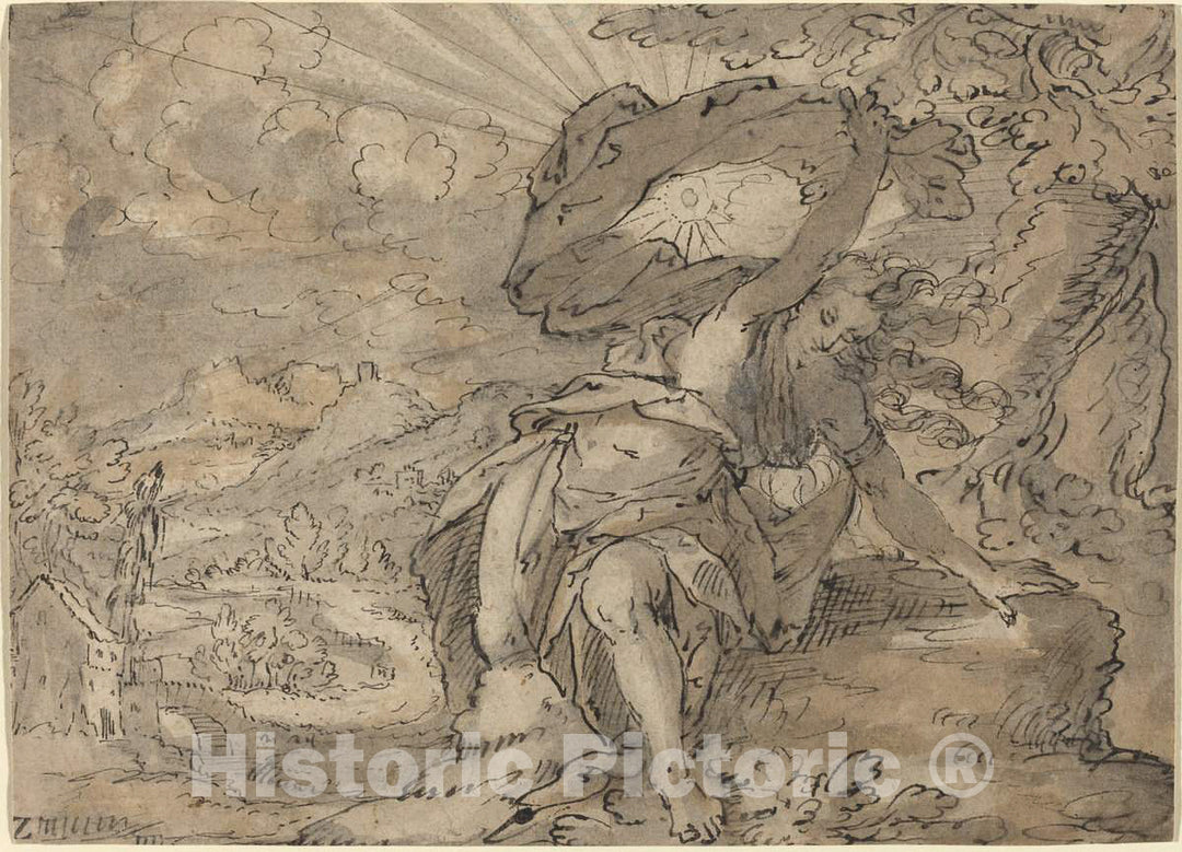 Art Print : Allegorical Female Figure in a Landscape [Recto], c. 1600 - Vintage Wall Art