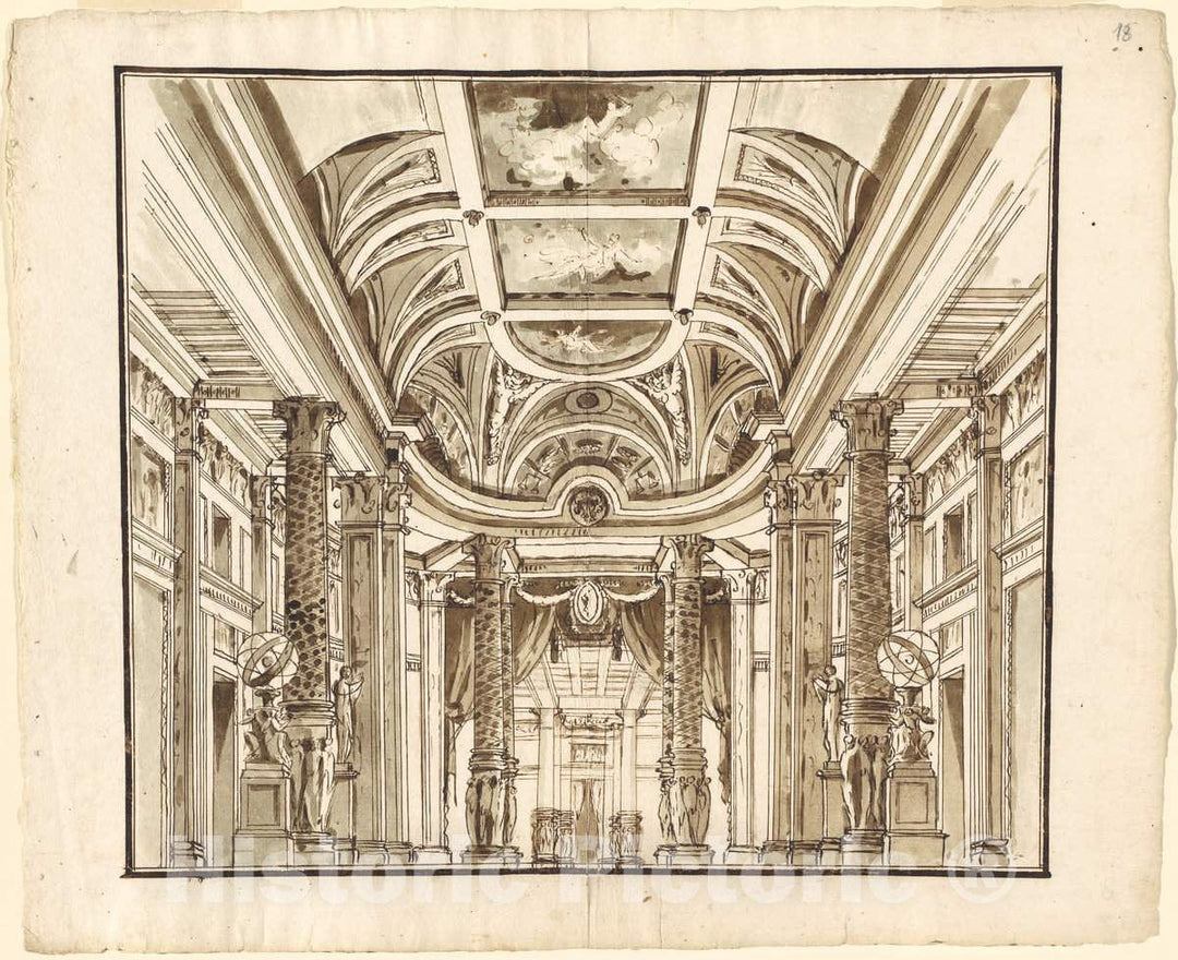 Art Print : Pietro Gonzaga, Fantasy of a Great Hall with Basketweave Columns, c. 1800 - Vintage Wall Art