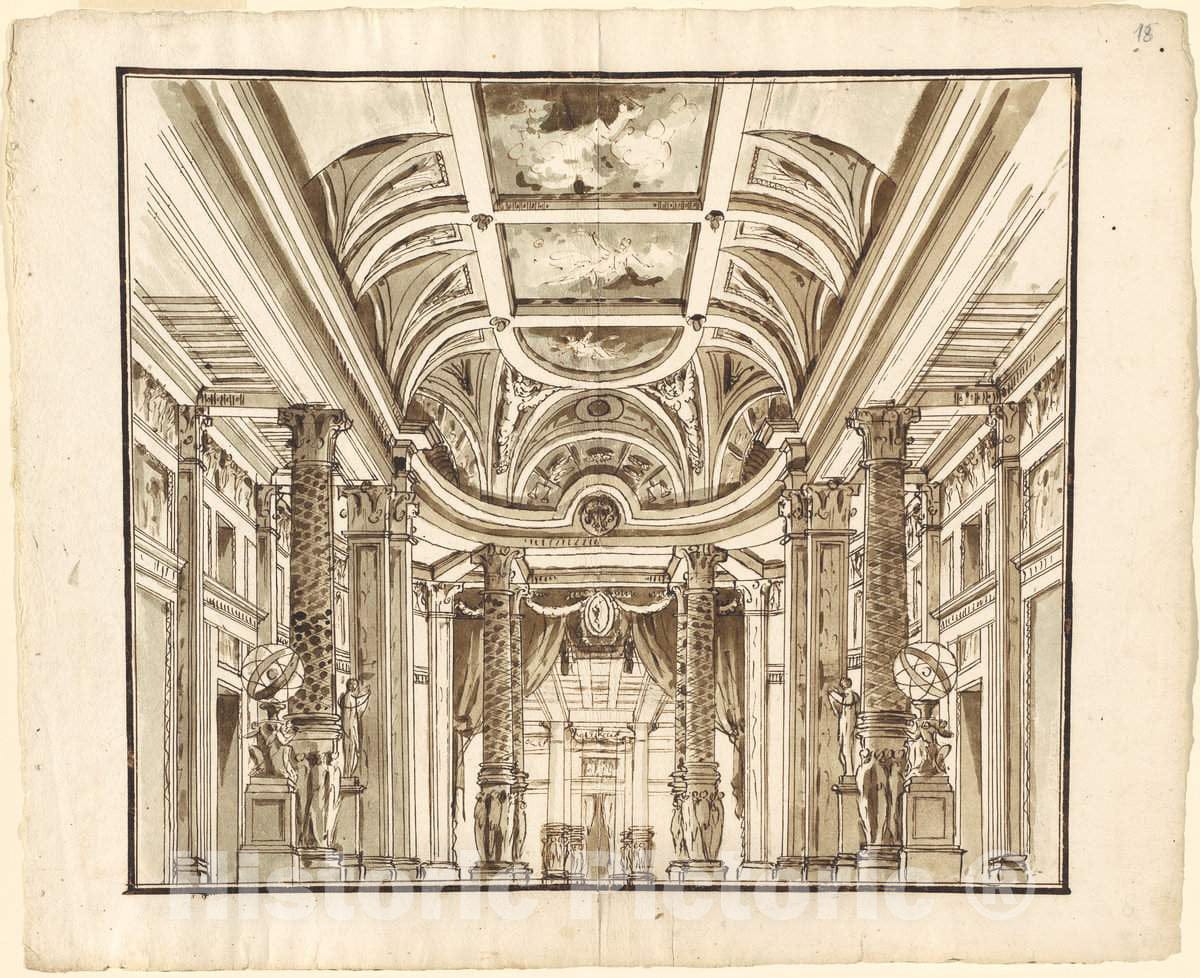 Art Print : Pietro Gonzaga, Fantasy of a Great Hall with Basketweave Columns, c. 1800 - Vintage Wall Art