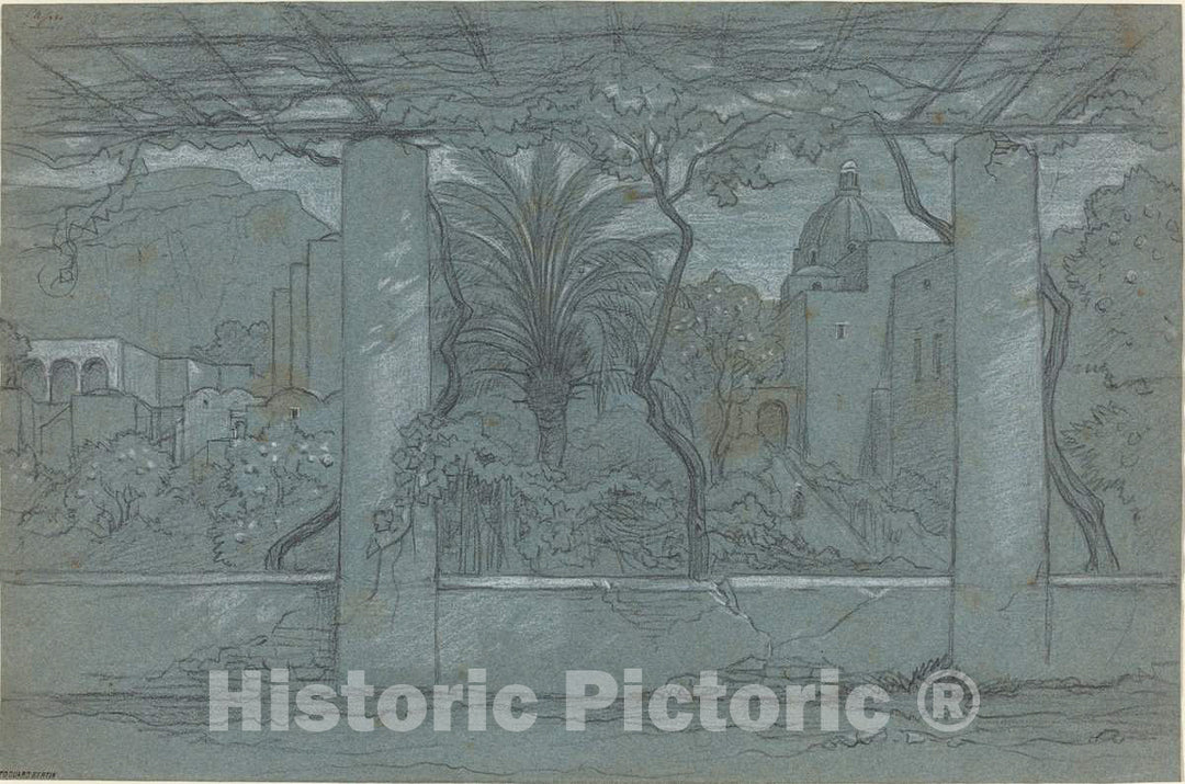 Art Print : FranÃ§ois-Ã‰douard Bertin, A Terrace and Garden on Capri [Recto], c. 1822 or Later - Vintage Wall Art