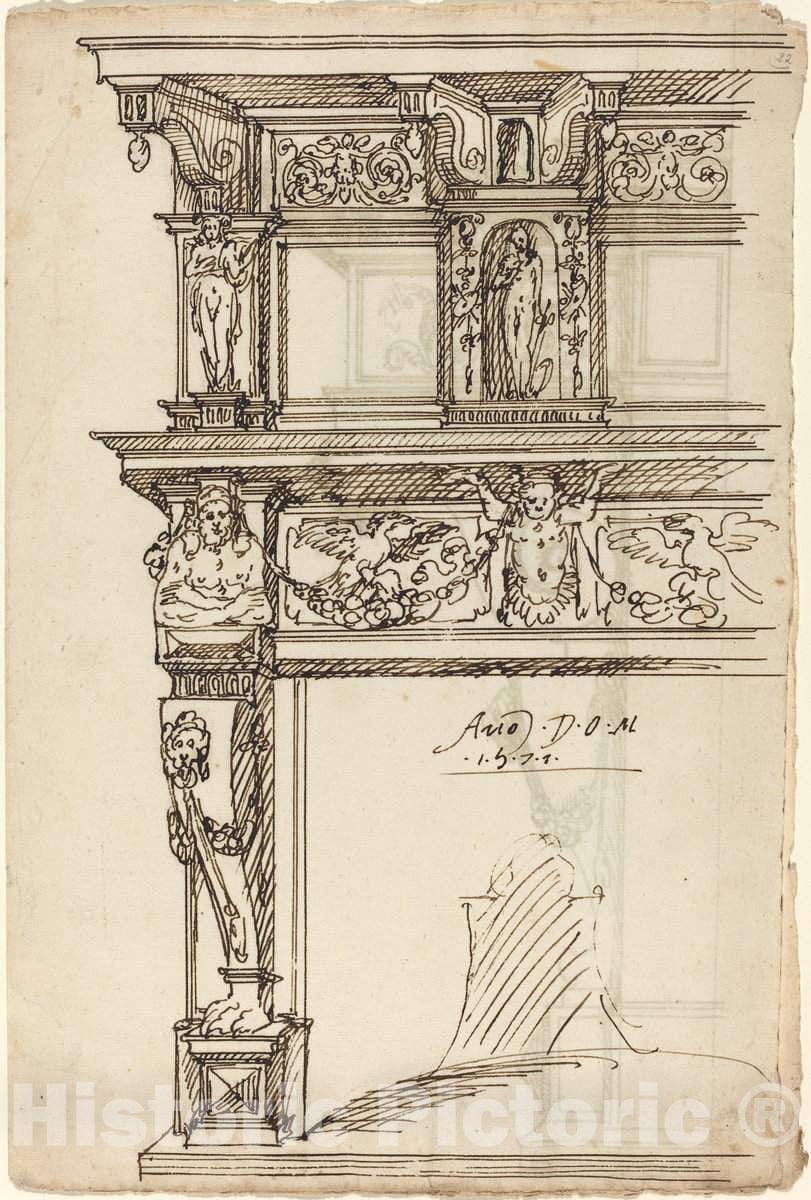 Art Print : Palatial Mantelpiece with Mercury and Hope [Recto], 1571 - Vintage Wall Art