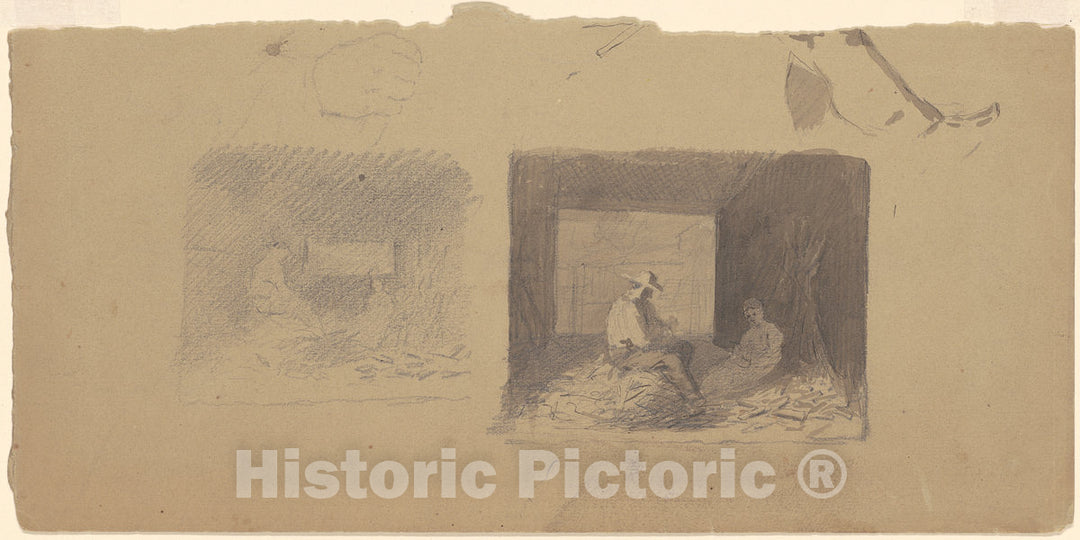 Art Print : Enoch Wood Perry, Studies of Farmers Shucking Corn, c. 1870-1880 - Vintage Wall Art