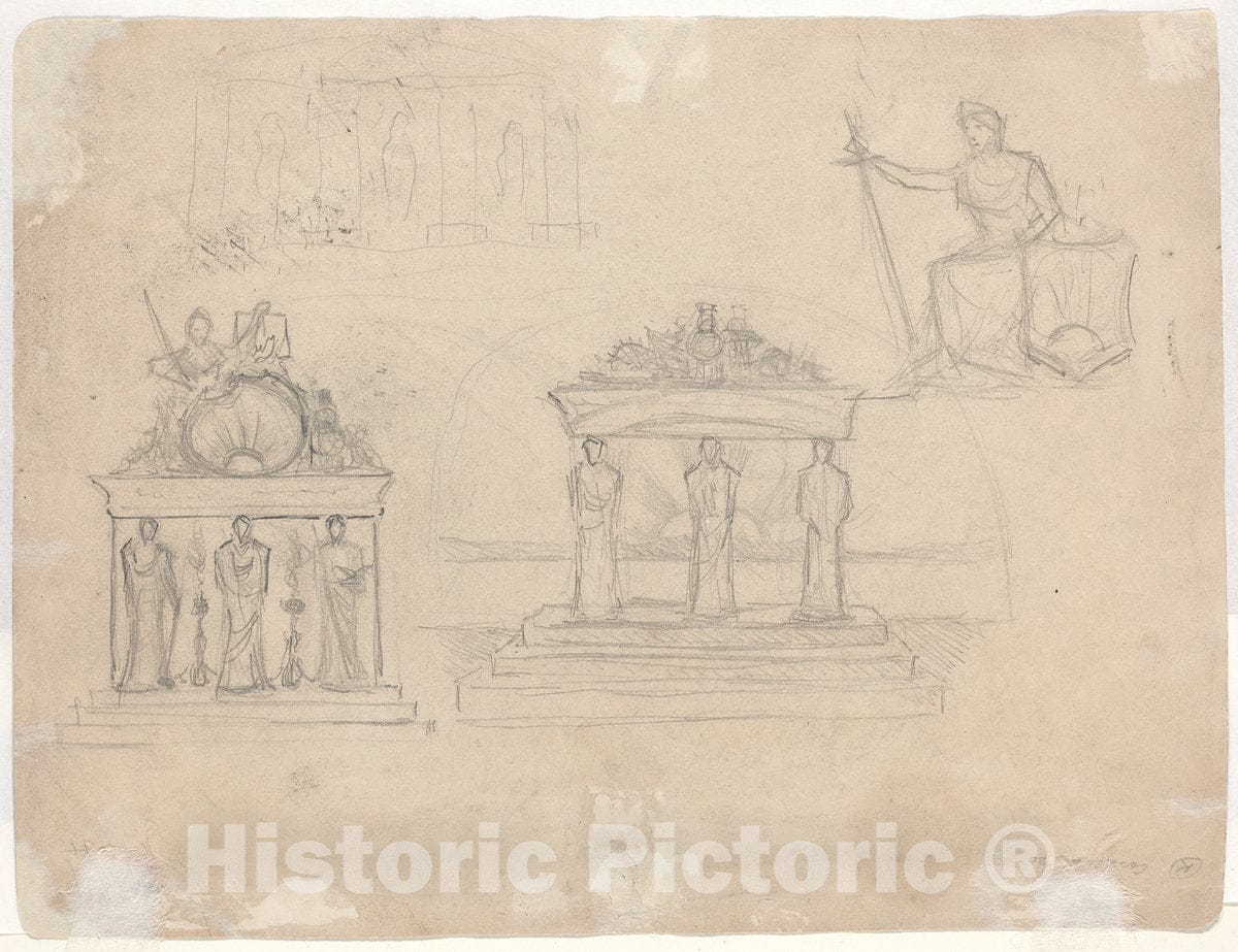 Art Print : John William Casilear, Studies of Classical Temple Facades and Seated Female Figure [Verso] - Vintage Wall Art