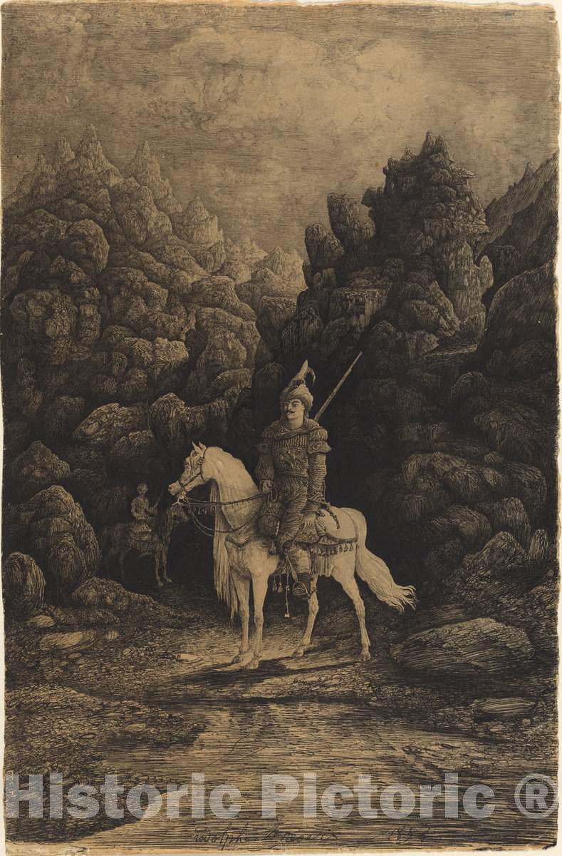 Art Print : Rodolphe Bresdin, Oriental Horseman in a Desolate Mountain Landscape, 1858 - Vintage Wall Art