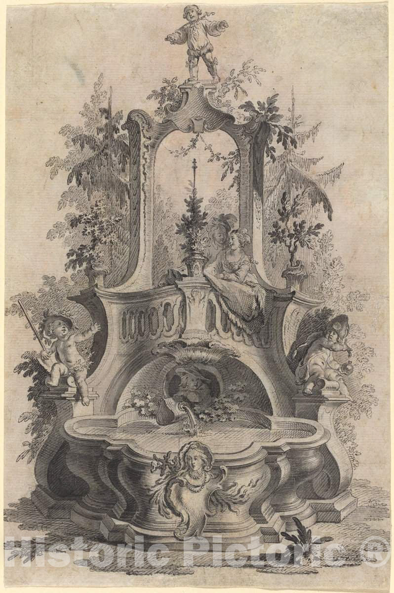 Art Print : Johann Esaias Nilson, Rococo Fountain with Lovers and The Four Elements - Vintage Wall Art