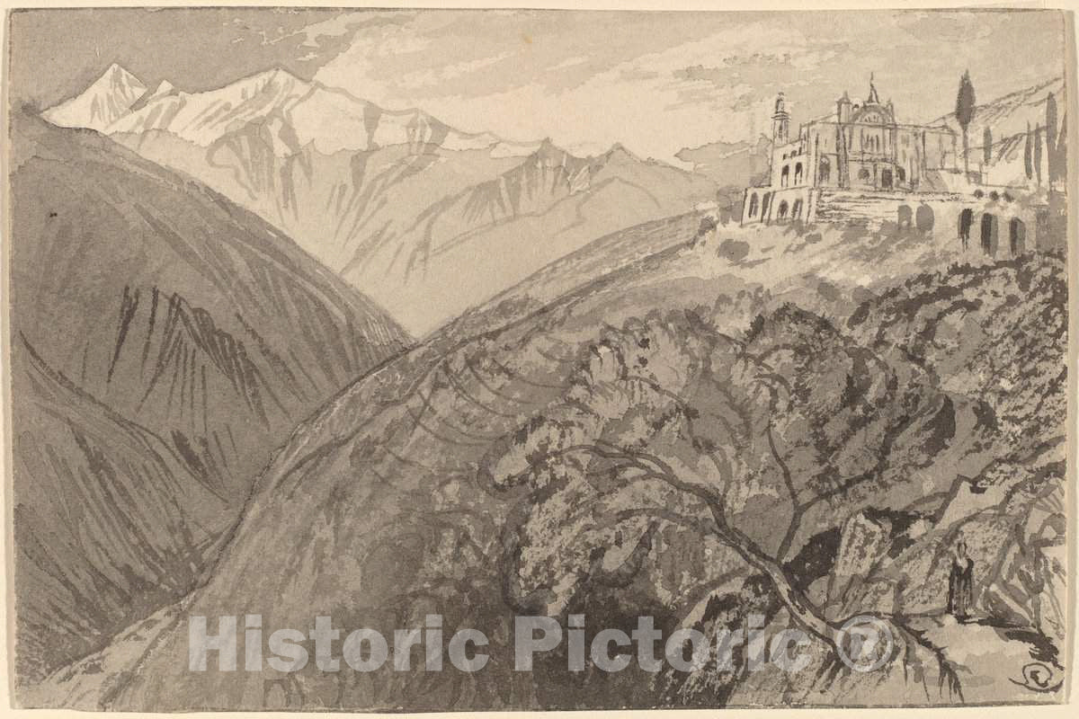 Art Print : Edward Lear, A Town on a Hilltop (Sanctuary of Lampedusa), c.1885 - Vintage Wall Art