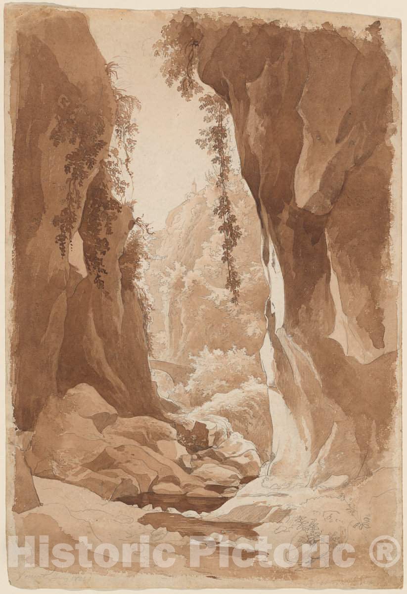 Art Print : Johann Joachim Faber, Cliffs Overhanging a River Gorge Near Sorrento (Recto), 1823 - Vintage Wall Art