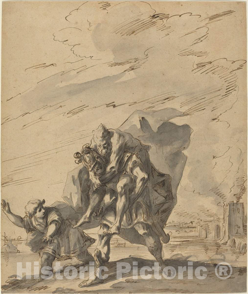 Art Print : Gaspare Diziani, Aeneas Carrying Anchises from Burning Troy, c. 1733 - Vintage Wall Art