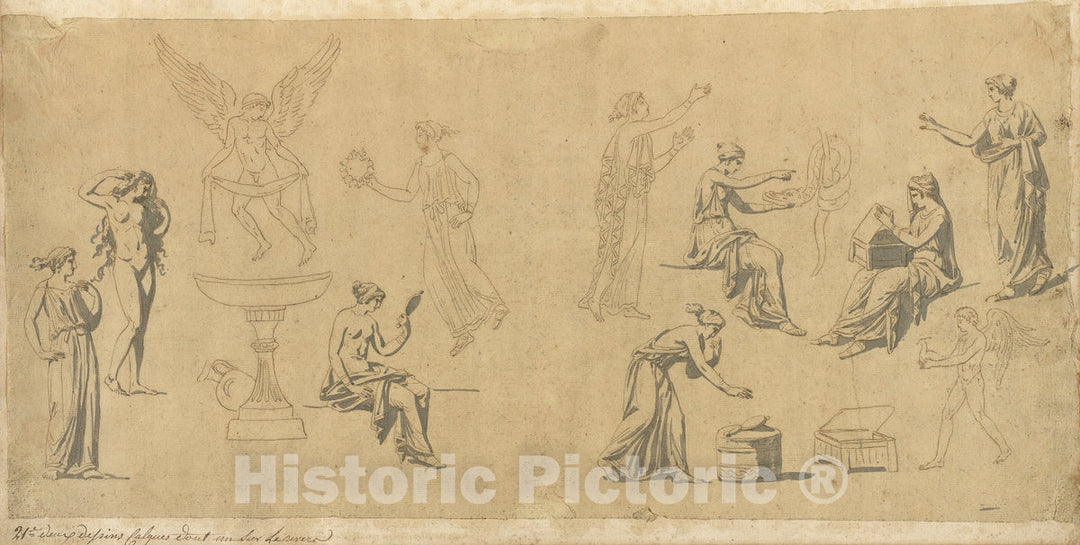 Art Print : Jacques-Louis David, Studies of Classical Women, with Eros, c.1775 - Vintage Wall Art