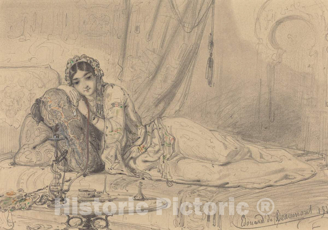 Art Print : Edouard de Beaumont, A Middle Eastern Woman Reclining in an Exotic Setting, 1844 - Vintage Wall Art