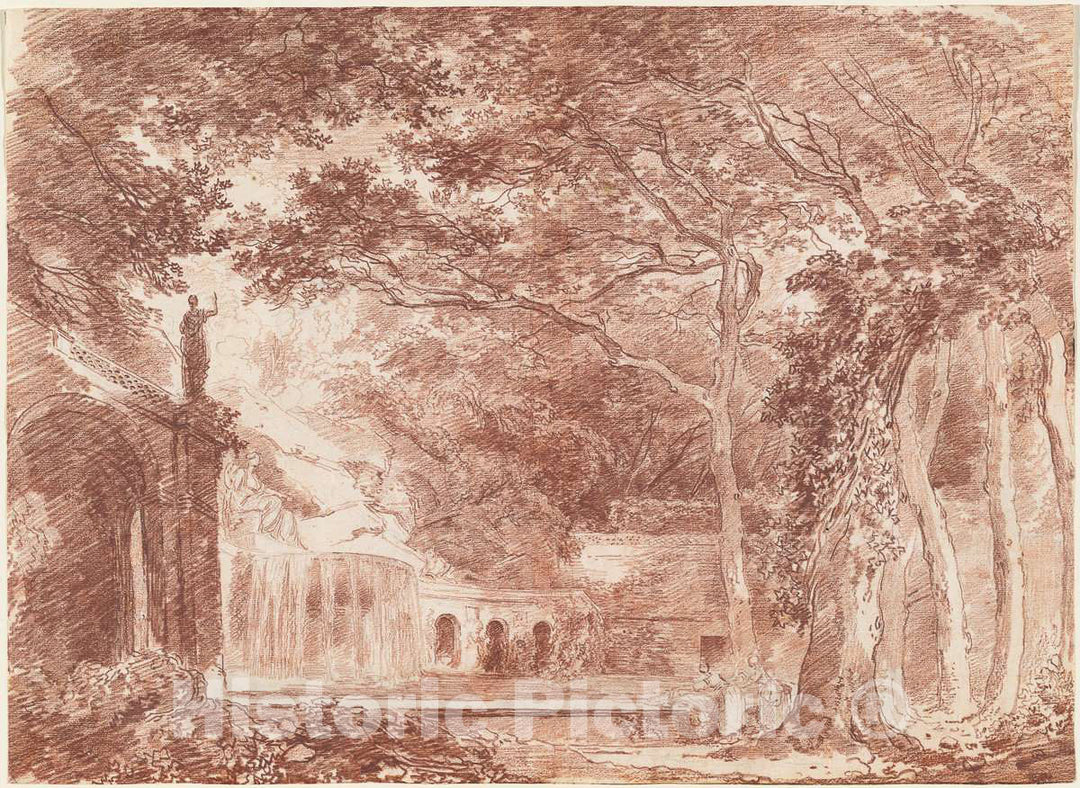 Art Print : Hubert Robert, The Oval Fountain in The Gardens of The Villa d'Este, Tivoli, 1760 - Vintage Wall Art