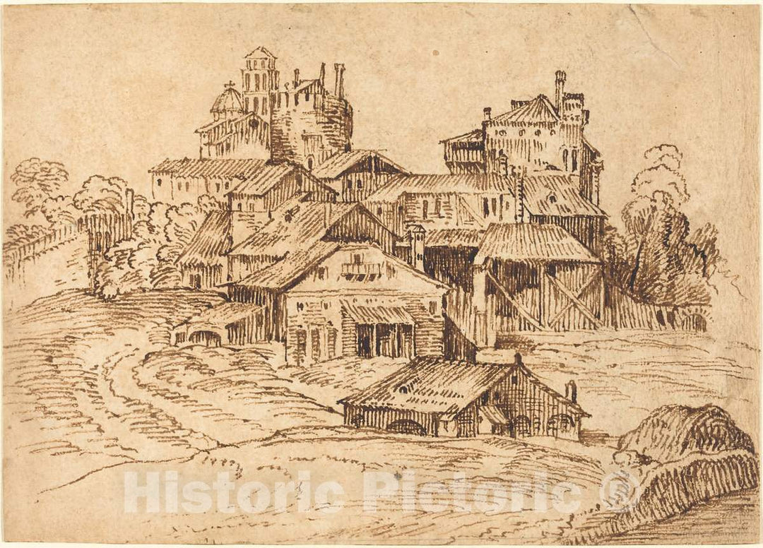 Art Print : View of an Italian Town (After Titian or Domenico Campagnola) - Vintage Wall Art