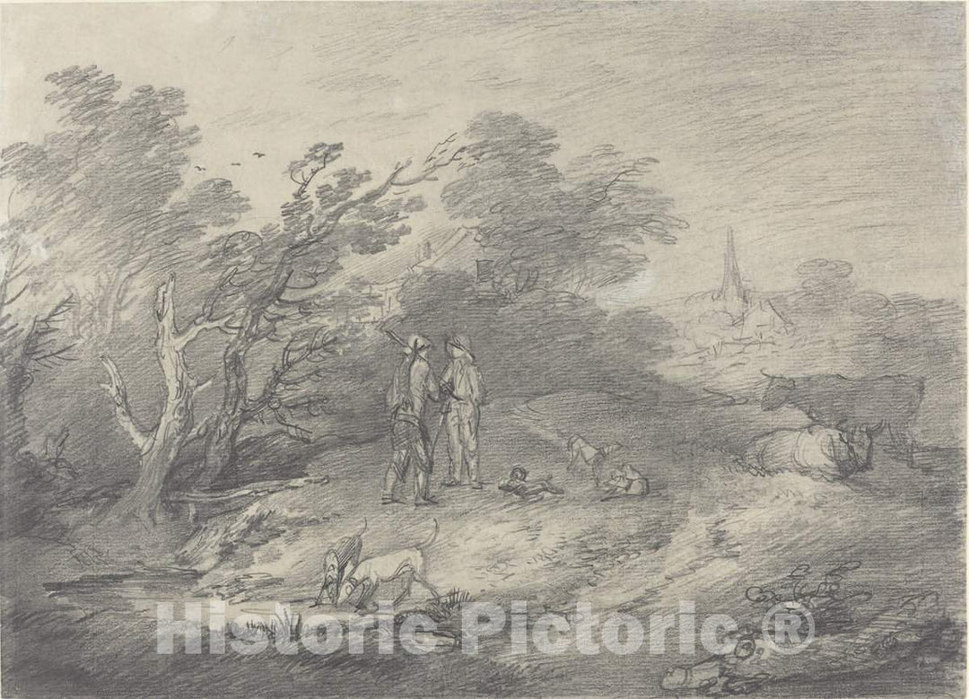 Art Print : Thomas Gainsborough, Woods Near a Village with Rabbit Catchers and Their Greyhounds, Late 1750s - Vintage Wall Art