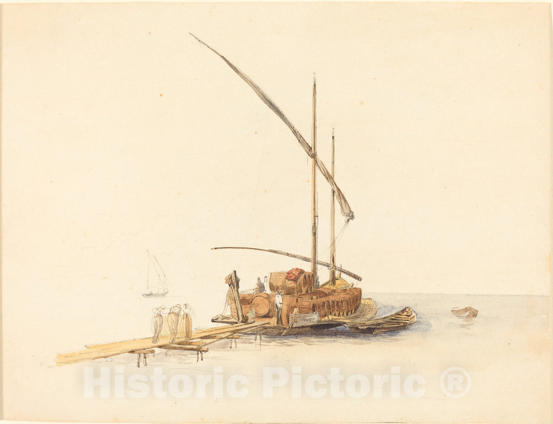 Art Print : Johann Jacob Ulrich, Wine Barrels Loaded onto a Sailing Barge at Vevey, c. 1850 - Vintage Wall Art