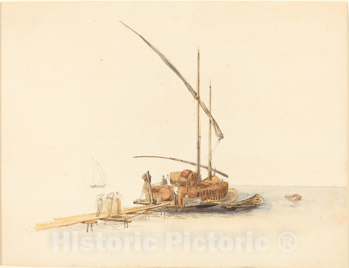 Art Print : Johann Jacob Ulrich, Wine Barrels Loaded onto a Sailing Barge at Vevey, c. 1850 - Vintage Wall Art