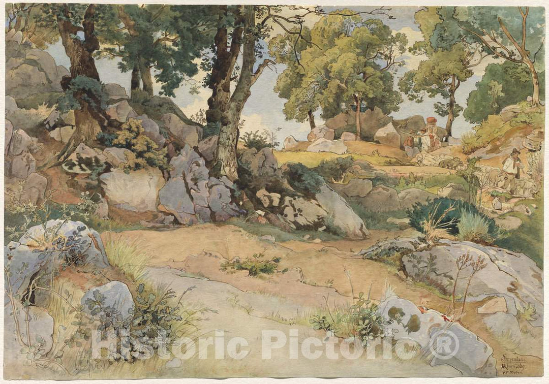 Art Print : Victor Paul Mohn, Rocks and Oaks in The Serpentara, 1869 - Vintage Wall Art