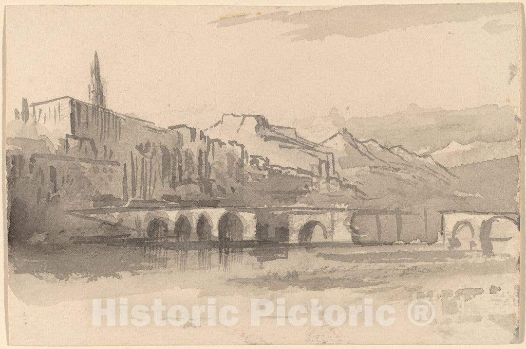 Art Print : Edward Lear, Bridge with Mountains in The Distance (Ventimiglia), c.1885 - Vintage Wall Art