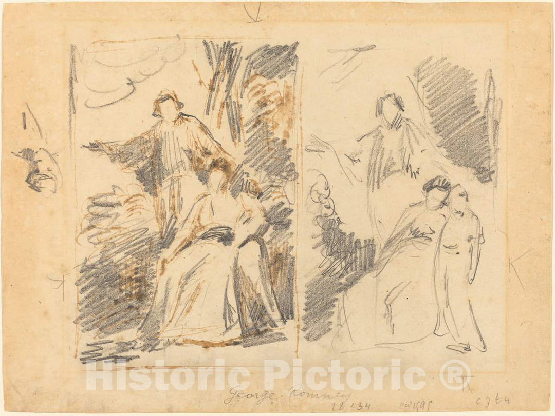 Art Print : George Romney, Two Studies for a Portrait of The Warren Family, c. 1768 - Vintage Wall Art