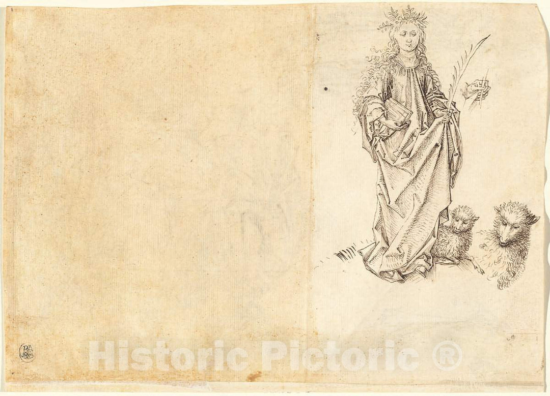 Art Print : Martin Schongauer, Saint Agnes (Verso), c.1490 - Vintage Wall Art