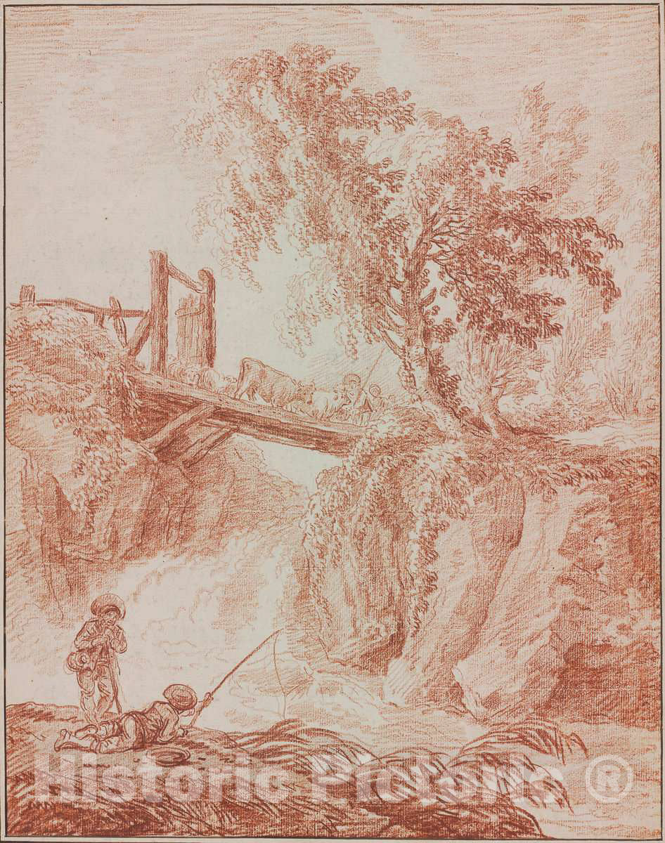 Art Print : Hubert Robert, Herdsmen Crossing a Waterfall, c.1773 - Vintage Wall Art