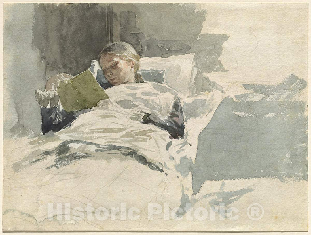 Art Print : Leopold von Kalckreuth, The Artist's Wife Reading in Bed, c.1888 - Vintage Wall Art