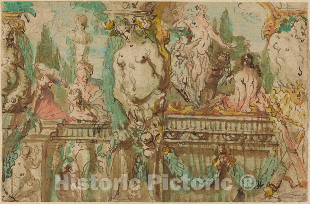 Art Print : Johann Evangelist Holzer, A Ceiling Design with Allegorical Figures - Vintage Wall Art