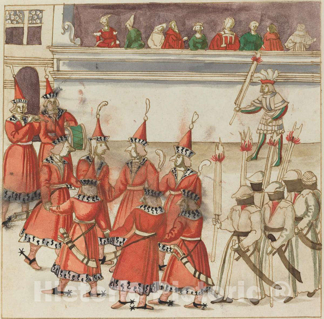 Art Print : Seven Men in Red Gathered in a Circle, c. 1515 - Vintage Wall Art