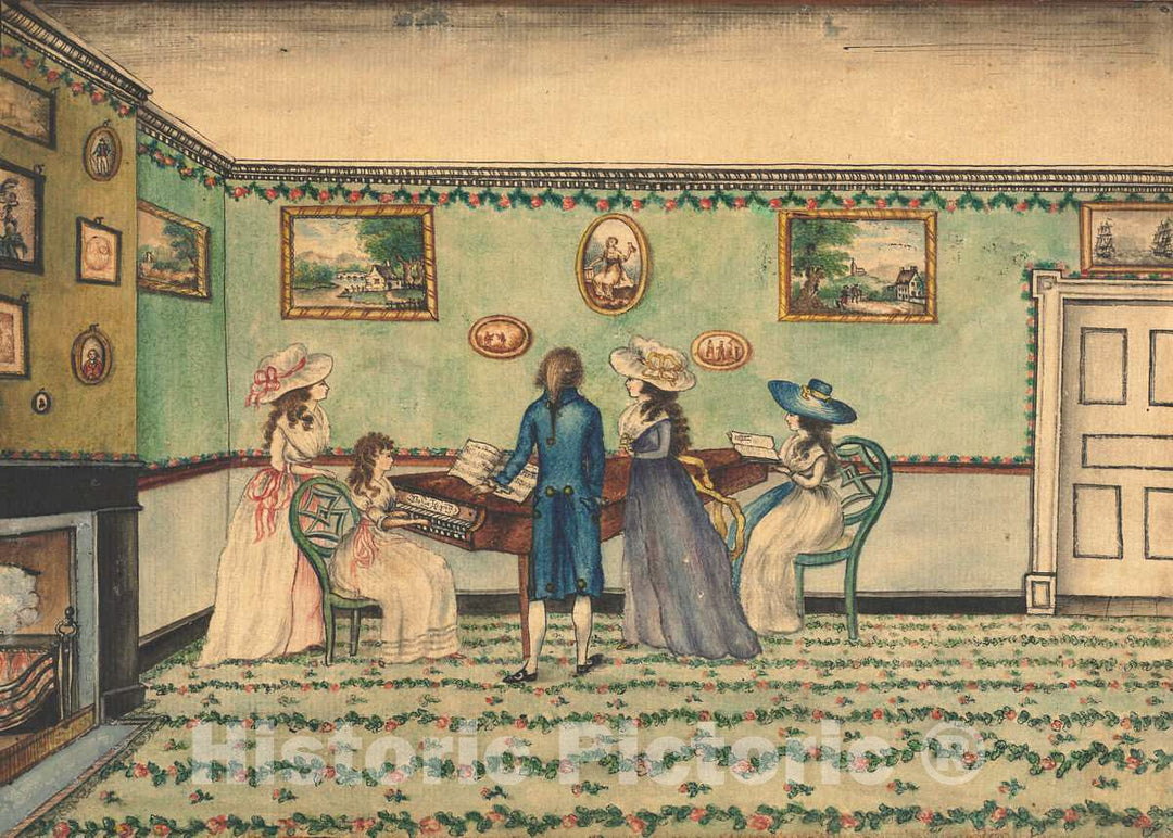 Art Print : Benjamin Thompson, Harpsichord Recital at Count Rumford's, Concord, New Hampshire, c. 1800 - Vintage Wall Art