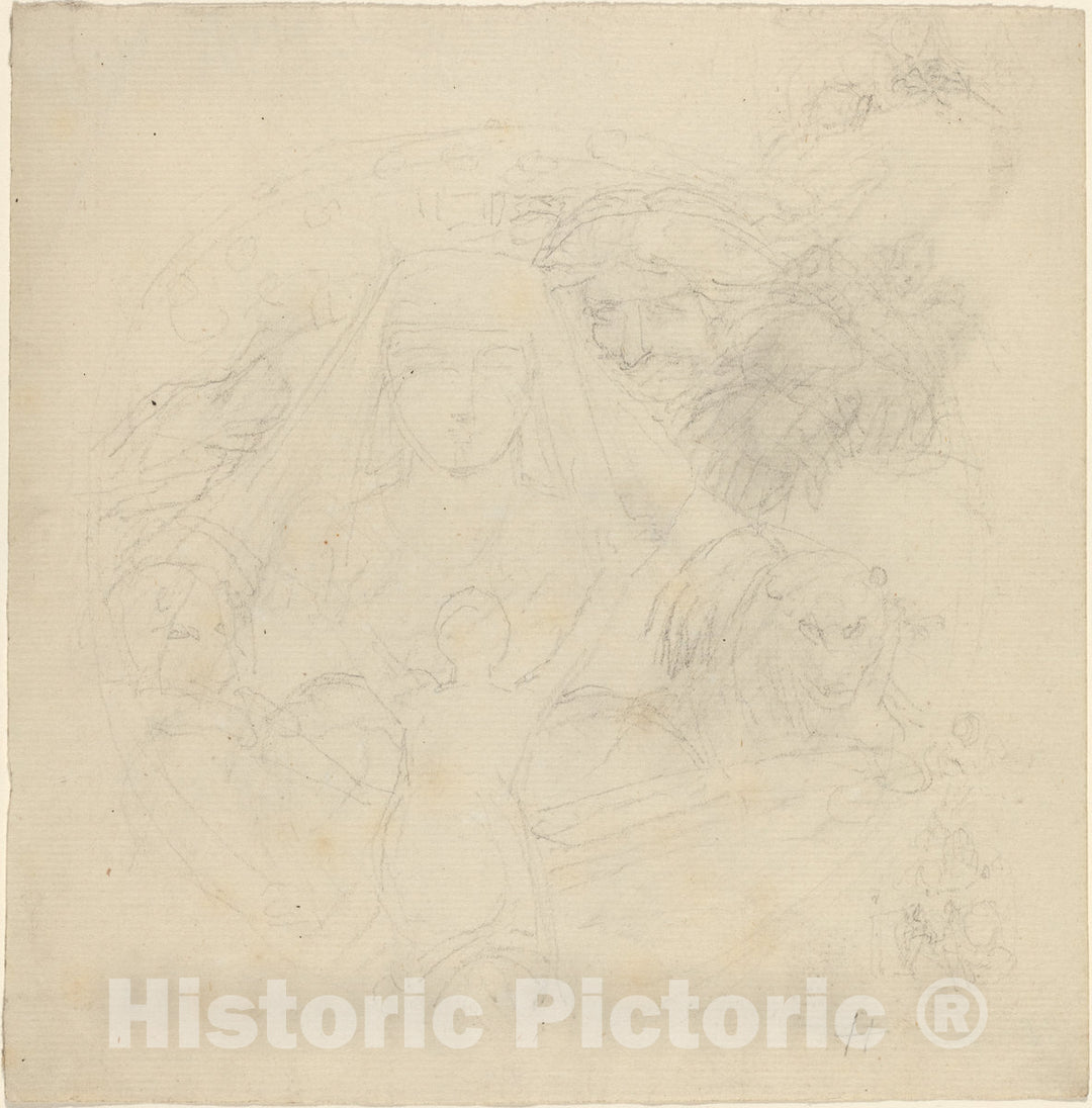 Art Print : John Flaxman, Figure Seen from Behind Praying to an Apparition of a Head with Lions Below - Vintage Wall Art