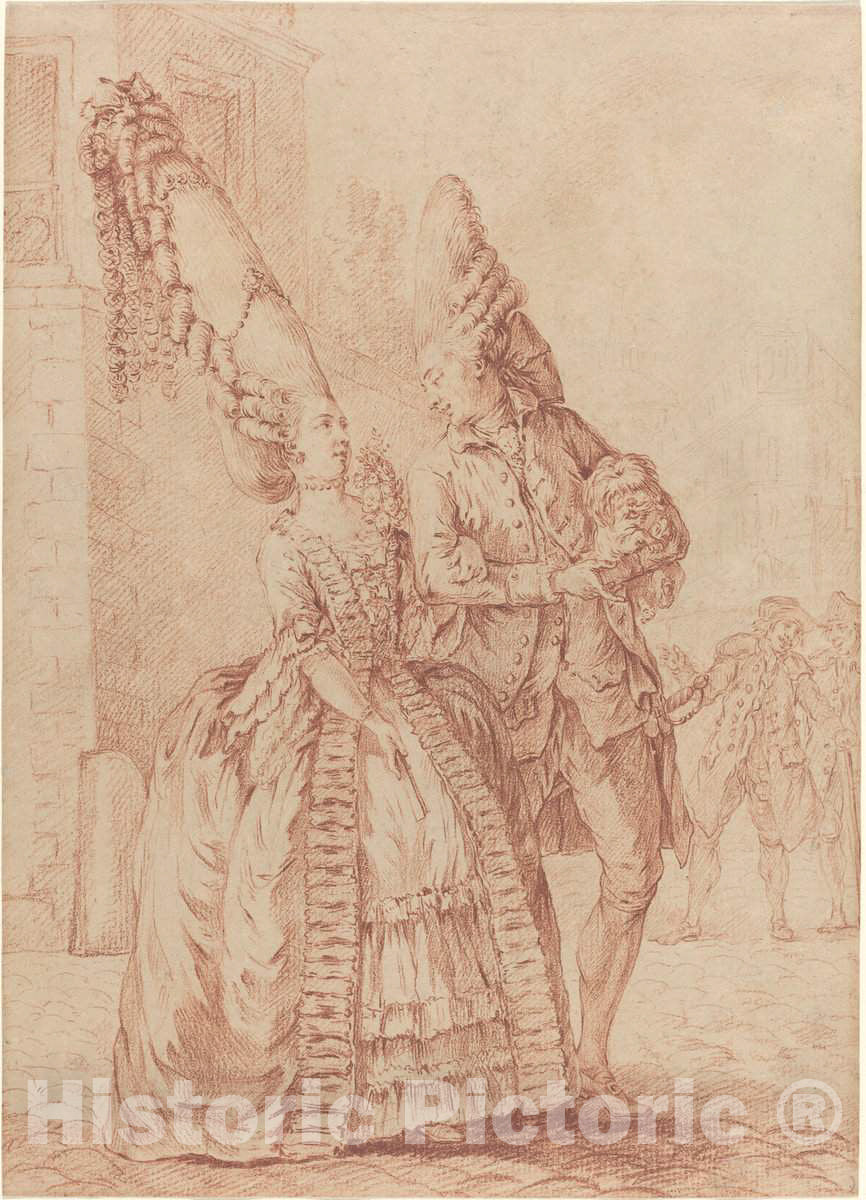 Art Print : Pierre Thomas Le Clerc, A Lady and Gentleman with Exaggerated Headdresses, c.1779 - Vintage Wall Art