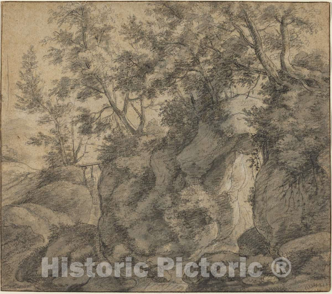 Art Print : Anthonie Waterloo, Landscape with a Wooded Ravine - Vintage Wall Art