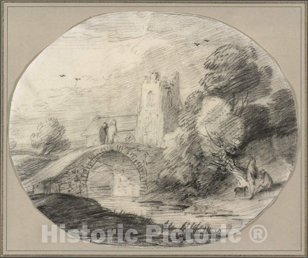 Art Print : Thomas Gainsborough, River Landscape with a Bridge and a Church, 1781 - Vintage Wall Art