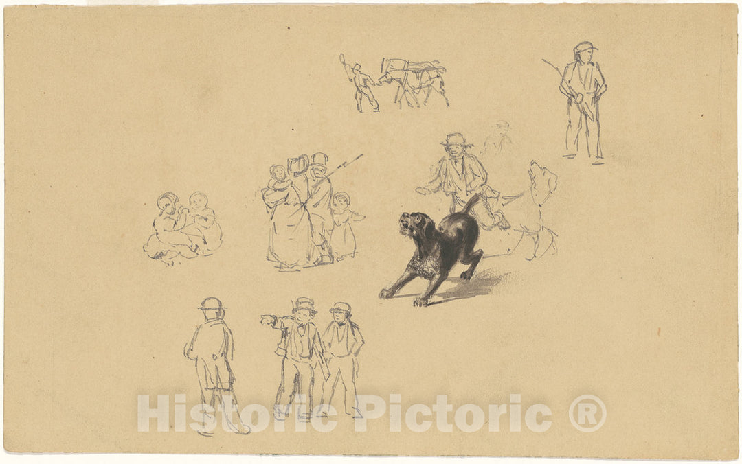 Art Print : Clonney, Barking Dog and Studies for Militia Training, c. 1841 - Vintage Wall Art