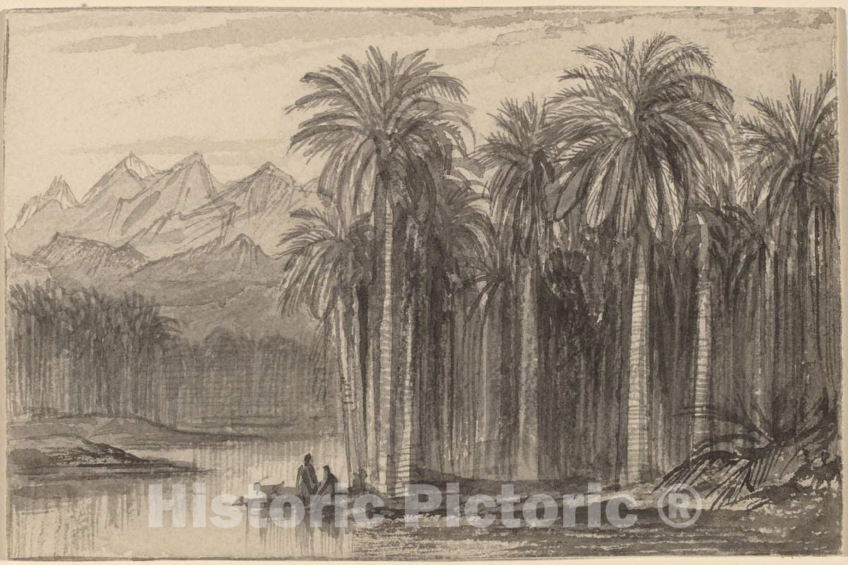 Art Print : Edward Lear, Figures Setting Out in Canoes from a Palm Grove (Wady Feiran), c.1885 - Vintage Wall Art